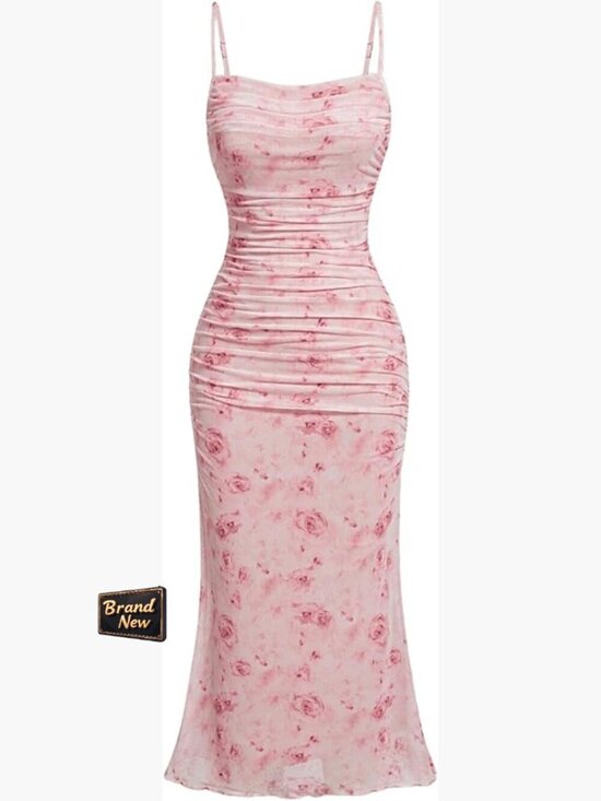Dresses & Skirts - Women's Floral Bodycon Midi Dress Spaghetti Strap Ruched Mesh Summer